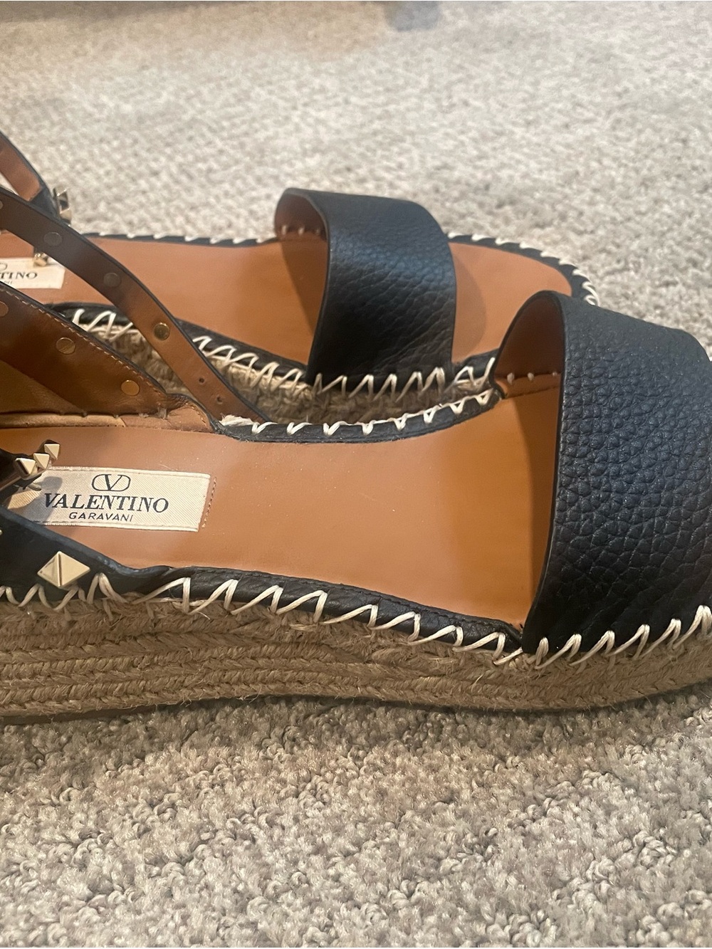 Valentino Black Leather Studded Espadrille Sandals - Picture 7 of 9